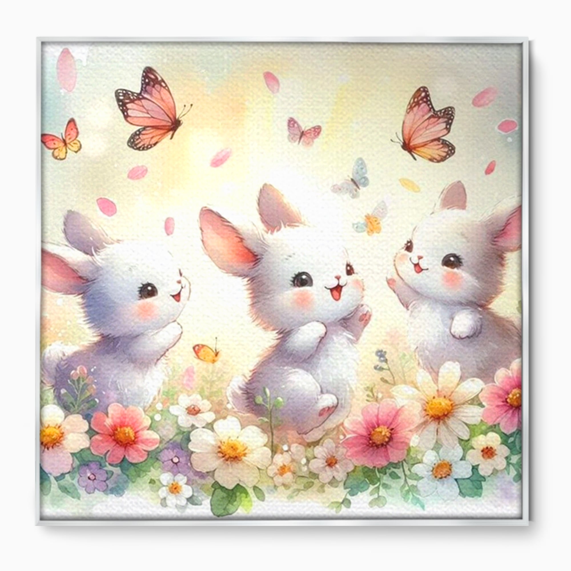 Tablou canvas cu ilustratie cu trei iepurasi si fluturi, in rama de aluminiu argintiu